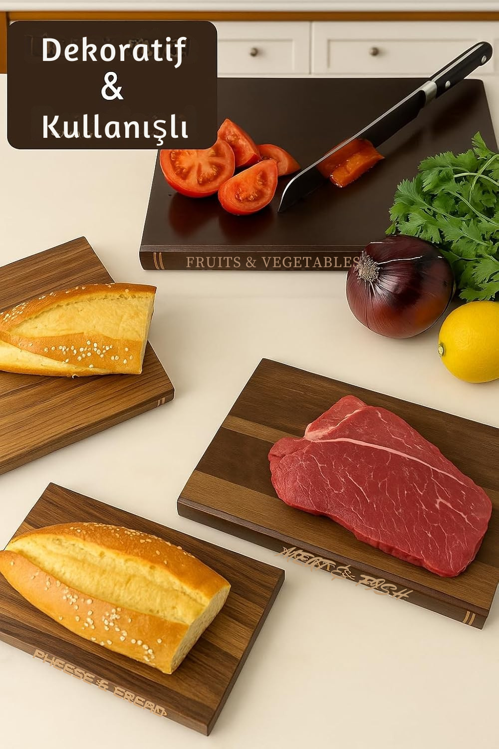 Kitaplık Şeklinde Kesme Tahtası Seti - Masif Akasya Ağacı - Stand Dahil