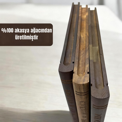 Kitaplık Şeklinde Kesme Tahtası Seti - Masif Akasya Ağacı - Stand Dahil