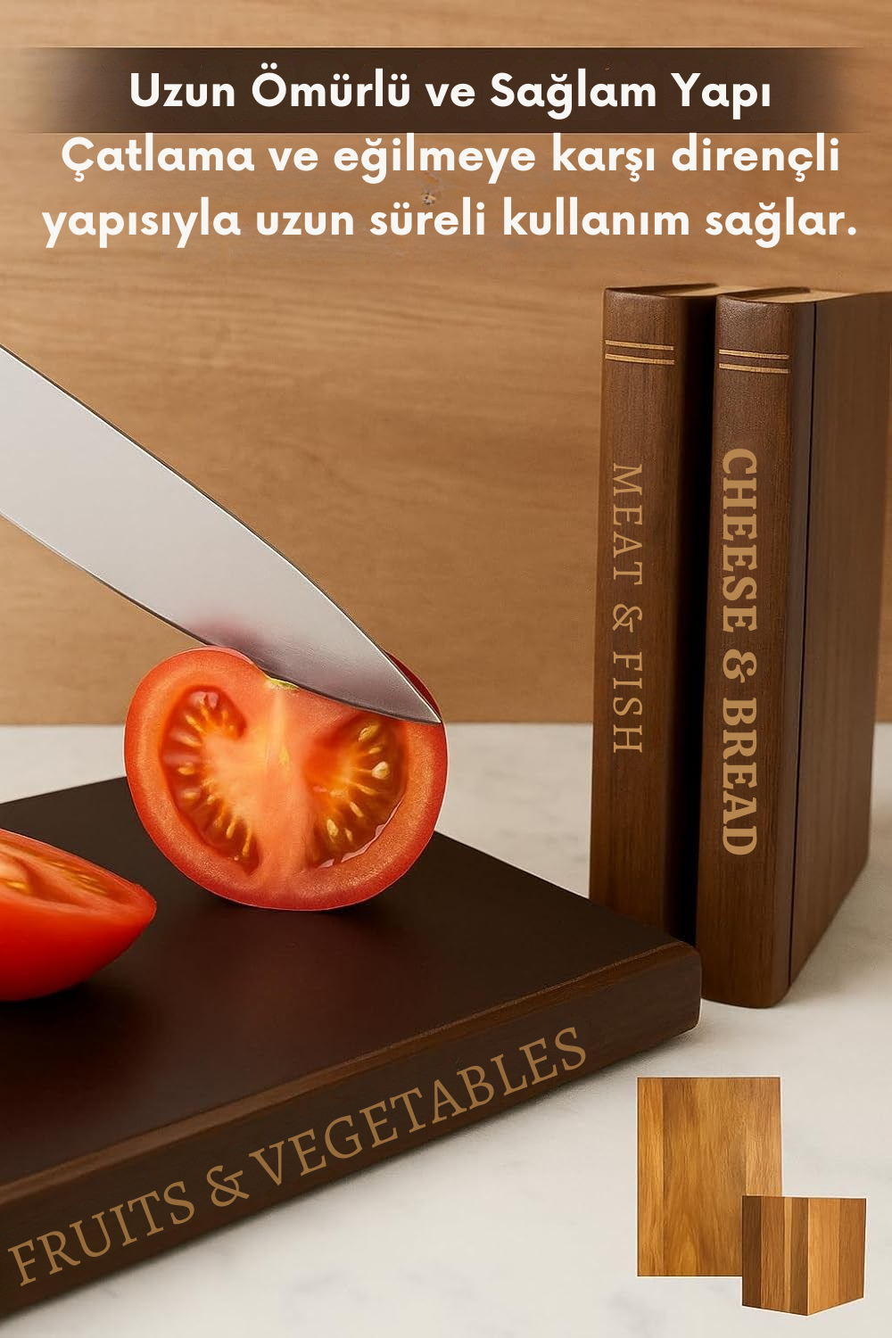 Kitaplık Şeklinde Kesme Tahtası Seti - Masif Akasya Ağacı - Stand Dahil